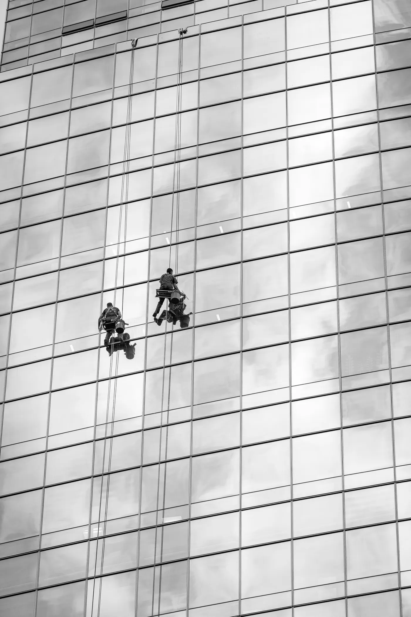 Rope access technicians working on the side of a high-rise building